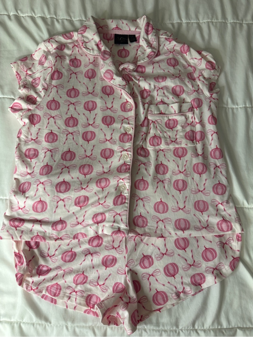 Pink Bow Coquette Pajama Set Button Up Top & Shorts